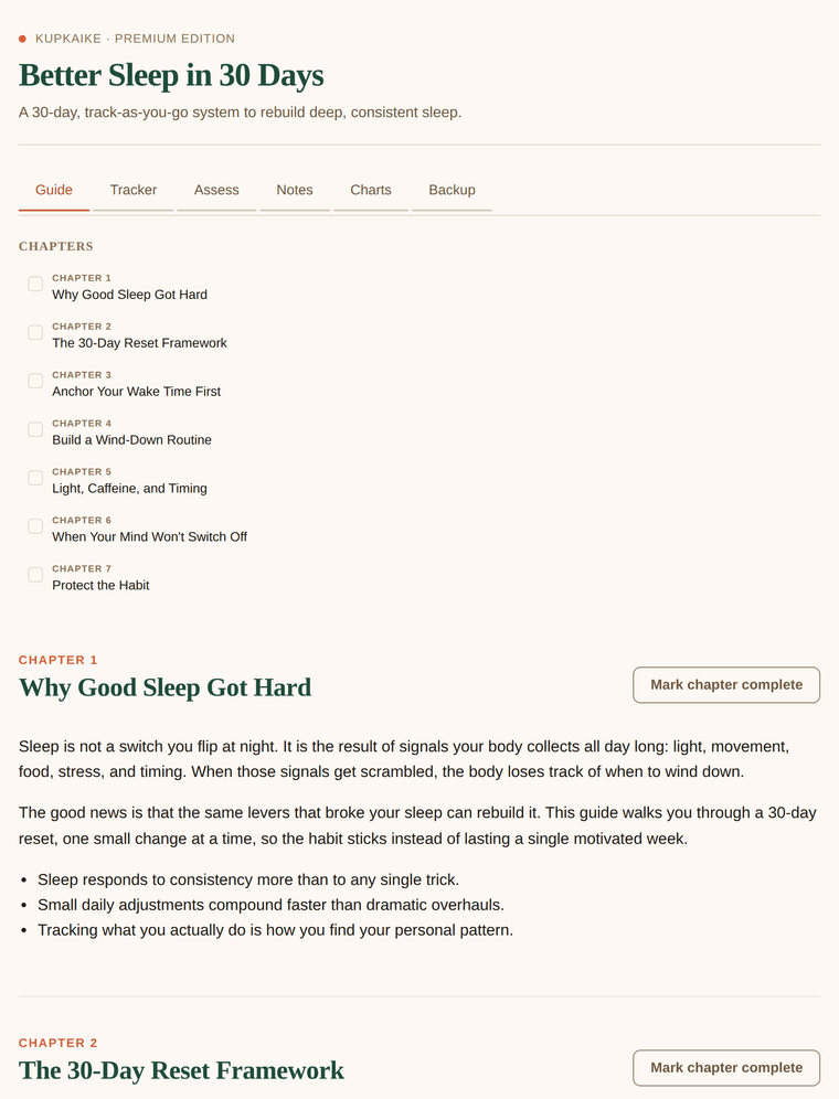 Interactive web app: Better Sleep in 30 Days, with guide, tracker, and assessment tabs